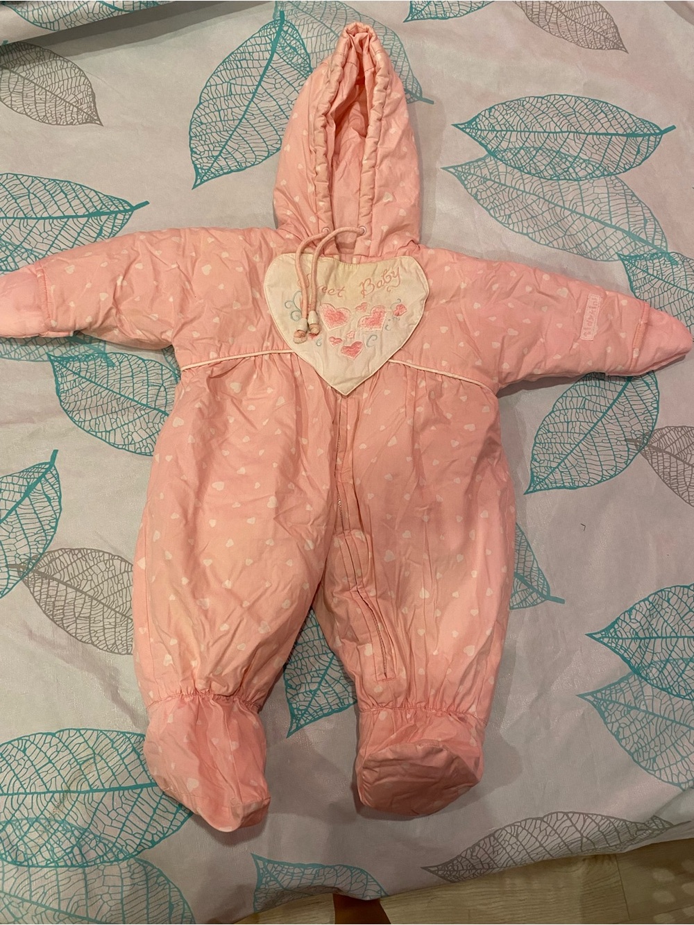 Pink Heart-Detail Hooded Baby One-Piece Snowsuit
